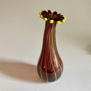 Vintage Large Hand Blown Eastern Art Glass Curved Vase Purple With Yellow Strips